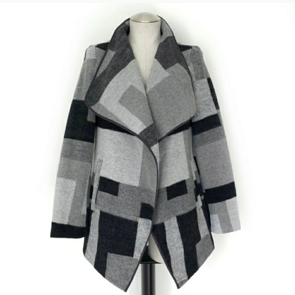 French Connection Black and‎ Gray Color Block Cardigan Coat